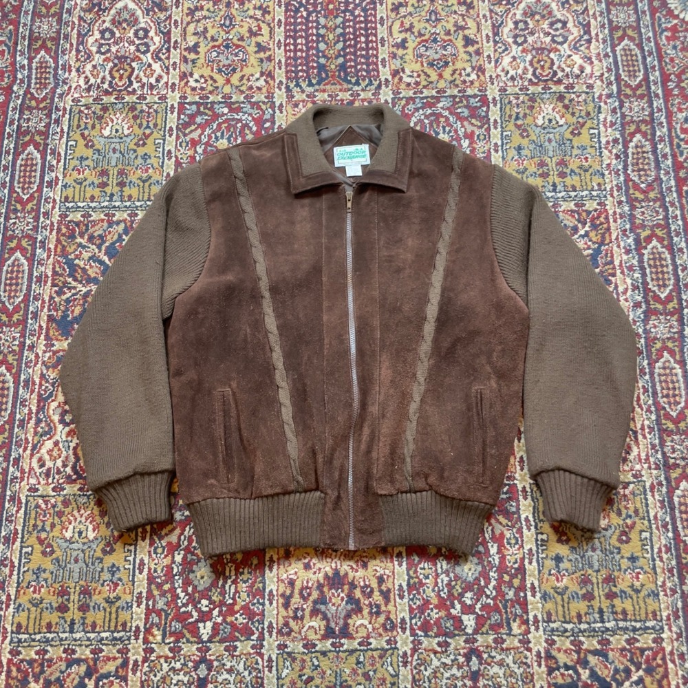 VTG 70s 80s Outdoor Exchange Brown Suede‎ Leather Knit Bomber Jacket XL striped